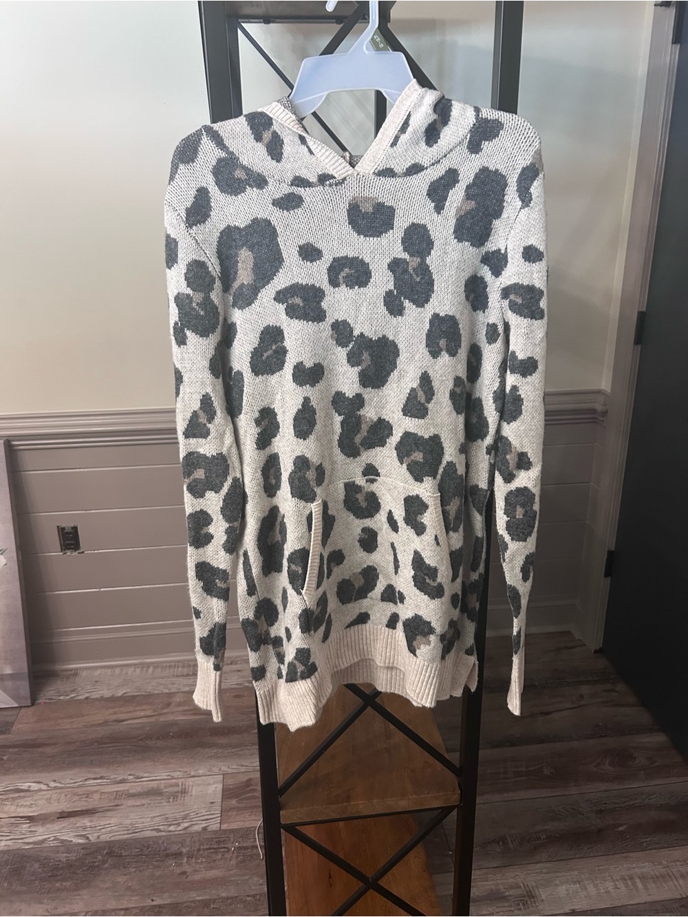 LOFT Ivory and Charcoal Leopard Print Hooded Sweater